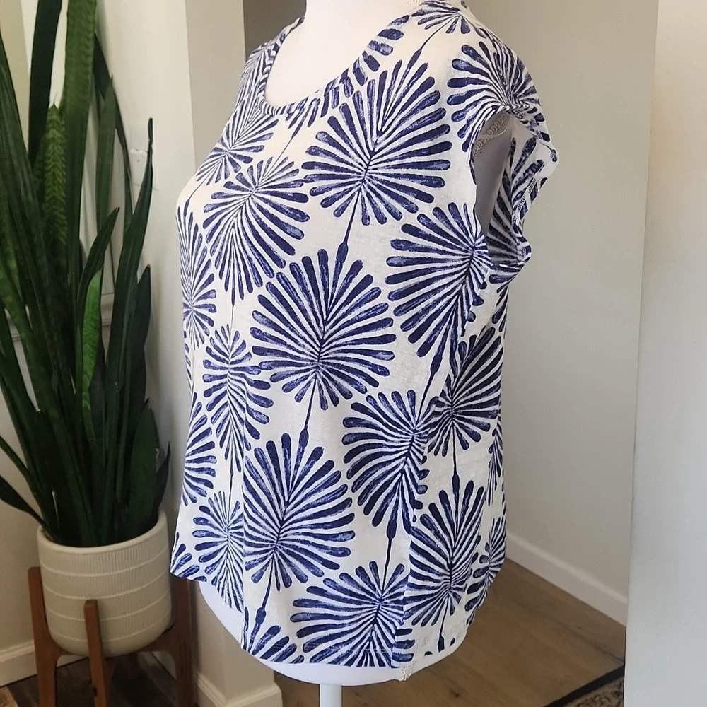 Joie 100% Linen Blouse Cap Sleeve Coastal White Blue L - Picture 3 of 16